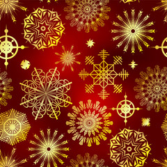Naklejka na ściany i meble Christmas vector seamless pattern. Set of golden snowflake on a red gradient background. Rich holiday decor. Snowy New Year illustration for wallpapers, posters, wrapping paper, posters, cards