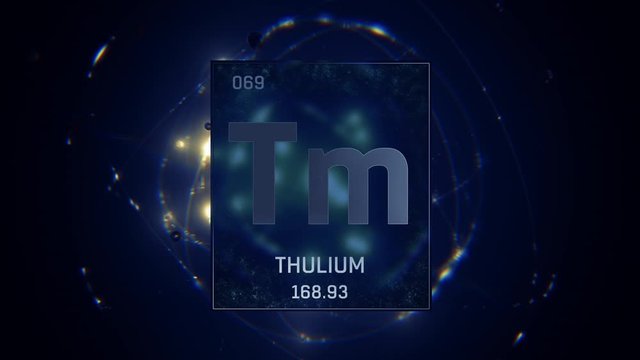 Thulium as Element 69 of the Periodic Table. Seamlessly looping 3D animation on blue illuminated atom design background with orbiting electrons. Design shows name, atomic weight and element number