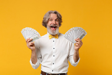 Excited elderly gray-haired mustache bearded man in white shirt bow tie isolated on yellow orange background. People lifestyle concept. Mock up copy space. Hold fan of cash money in dollar banknotes.