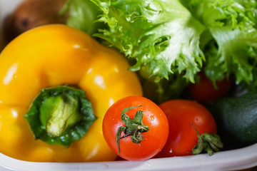 Diet weight loss breakfast concept. vegetables, salad and fresh water. The concept of healthy eating, lifestyle and nutrition. Tomatoes, Peppers and Cheese