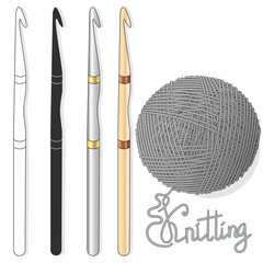 Ball of wool for knitting and crochet hook. Vector illustration image on white background....