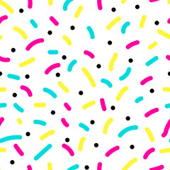 Seamless Pattern Memphis Style. Yellow, pink, blue, black strokes on a white background. Salute, sweets, greetings. Vector holiday illustration for wrapping paper, wallpaper, textile, posters