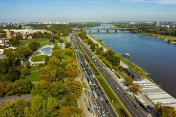 Warsaw, Poland. 05. October. 2019. Aerial view of an epic shot from an unmanned aerial vehicle of a motorway leading to the Warsaw city.