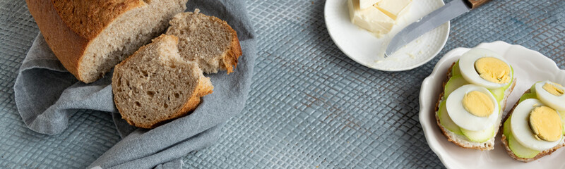 Healthy homemade sandwiches with vegetables and hard-boiled eggs