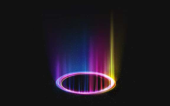Magic rainbow portal on night scene. Neon circle digital hologram with colored light rays and sparkles. Realistic beam stage. Glowing futuristic teleport. Shining podium isolated on black background