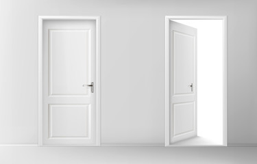White wooden doors. Vector set of realistic closed and open doors with chrome handles in interior. Conceptual illustration for welcome, invitation to enter or new opportunity