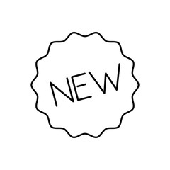 Icono plano lineal sello estrella con texto NEW en color negro