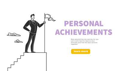 Business concept with office worker standing on top of stairs with flag - metaphor for personal achievements, career. Hand drawn style. Web banner, webpage design template, ui. Vector illustration.