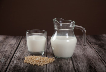 Vegetarian pine nut milk in a glass cup and jug on wooden background. Horizontally