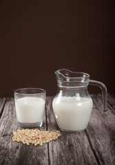 Vegetarian pine nut milk in a glass cup and jug on wooden background. vertical