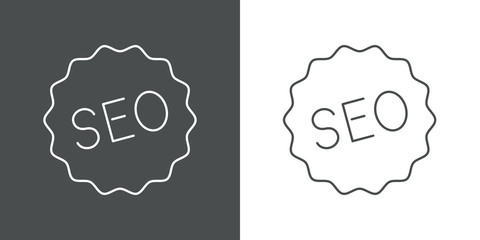 SEO - Search Engine Optimization. Icono plano lineal estrella con texto SEO en fondo gris y fondo blanco