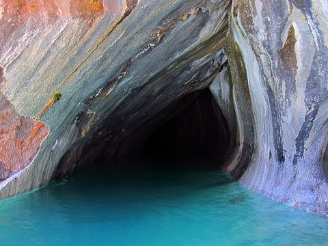 marble caves in Patagonia, General Carrera Lake, Chile. Beautiful natural formations of calcium carbonate minerals
