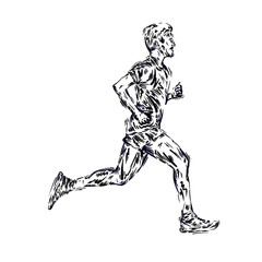 Fototapeta na wymiar Running marathon, people run, colorful poster illustration man sketch hand drawing sport