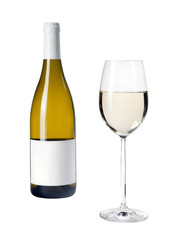 Close-up view of white wine glass and bottle isolated on white
