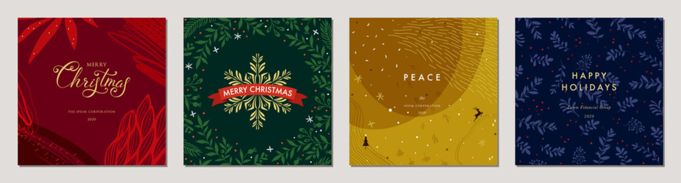 Merry Christmas greeting cards. Trendy abstract square Winter Holidays art templates. Suitable for social media post, mobile apps, banner design and web/internet ads.