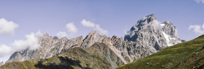 Panoramic view on Mount Ushba, Main Caucasian ridge. Zemo Svaneti, Georgia. Autumn landscape.