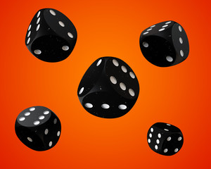 Black Modern Dices Isolated On Orange Background. Casino Gambling Concept - 3D Illustration