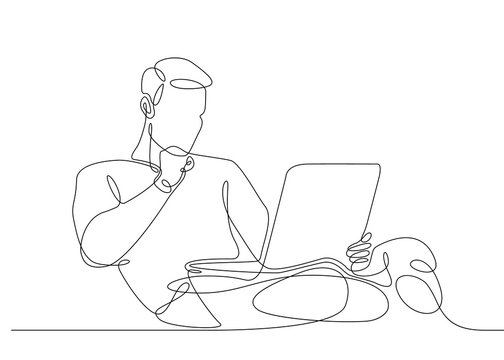 continuous line drawing man sitting at a laptop
