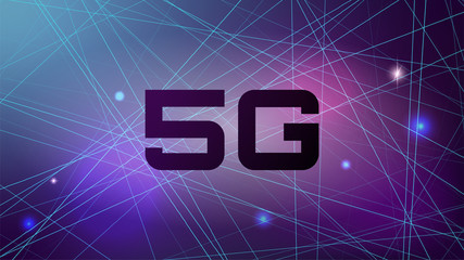 5g banner. Fifth generation of telecommunication technology concept. Big letters on purple gradient background with thin line network. Futuristic abstract modern look. Stock vector illustration