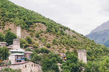 Fototapeta na wymiar Mountain village with towers. Mestia, Svaneti, Georgia