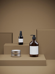Minimal background for branding and packaging presentation. Cosmetic bottle on tan color geometric podium. 3d rendering illustration.