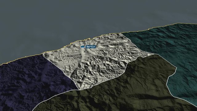 Bartın - province of Turkey with its capital zoomed on the administrative map of the globe. Animation 3D
