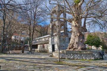 Village of Kissos in Pelion, main square on a winter monring