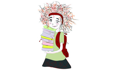 schoolgirl with a backpack and books. cute character. hand drawn. multi-colored, horizontal clipart