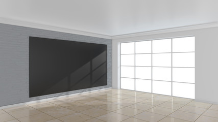 White interior with empty black billboard on wall. Mock up, 3D Rendering.