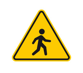 Vector yellow triangle sign - black silhouette figure walker. Isolated on white background.