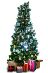 Decorated gold Christmas tree with new year isolated on white background