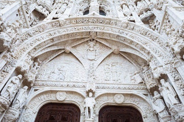 Lisbon, Portugal ornate south portal of the Jeronimos Monastery  by João de Castilho. The monastery is one of the most prominent examples of the Portuguese Late Gothic Manueline style.