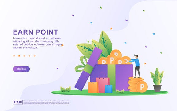 Earn Point Illustration Concept. Loyalty Program And Get Rewards, Customer Reward Loyalty Program, Earn Bonuses, Gift Cards. Suitable For Web Landing Page, Marketing Material, Mobile App, Web Banner.