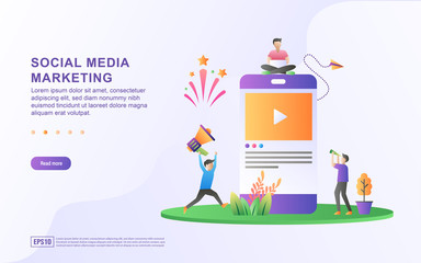 Social media marketing illustration concept. Digital marketing, refer a friend on social media, sharing or writing comments. Suitable for web landing page, marketing material, mobile app, web banner.