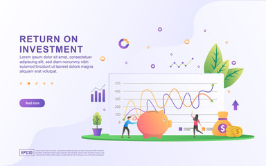 Return on investment illustration concept. People managing financial chart, profit income, Financial growth rising up to success. Suitable for web landing page, marketing, mobile app, web banner.