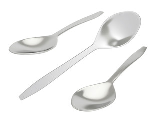 Set of metal spoons in different angles, on a white background. Kitchenware for liquid food. 3d illustration.