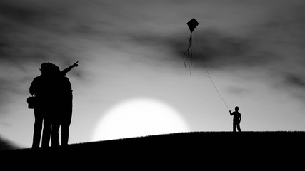 Family silhouette at Sunset 3D Rendering