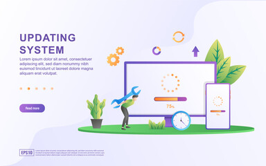 Updating system illustration concept. System Update Improvement Change New Version software, data synchronize process and installation program. Suitable for web landing page, mobile app, web banner.