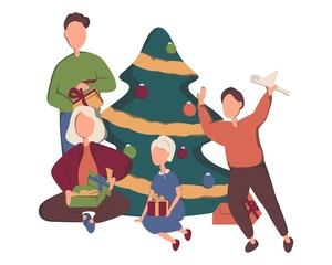 Family holiday set. Parents and children opening together christmas gifts. Happy Family, man, woman and kids celebrating merry christmas, sitting in living room next to decorated christmas tree