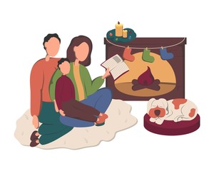 Parents Reading Books with son on Christmas Eve at Home. Winter Holidays Happy Characters near Fireplace. Mom Read Book for Son. Dog sleeping on a pillow Flat vector illustration