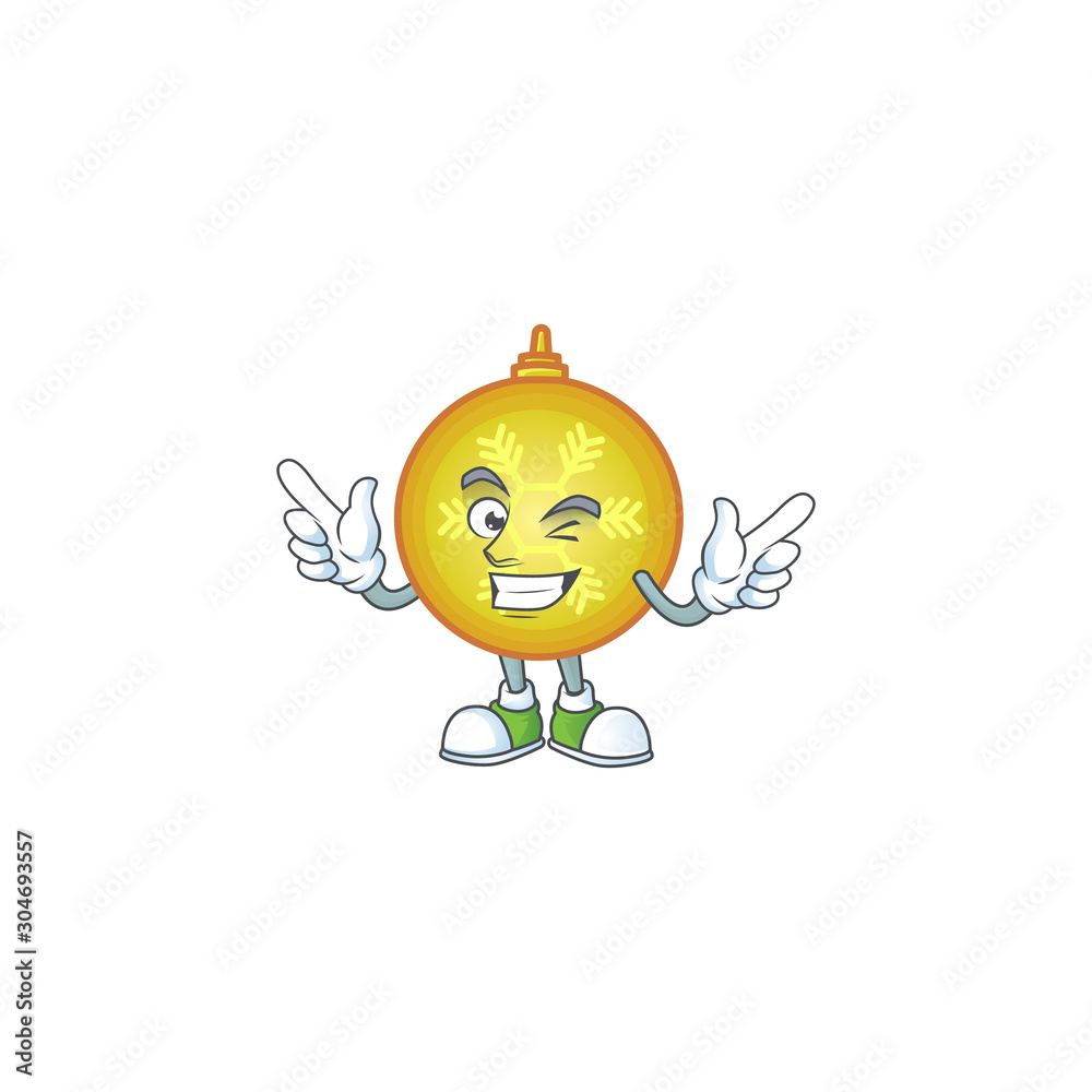 Wall mural Funny joyful yellow christmas ball wink mascot cartoon style.