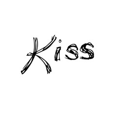Word Kiss. Hand drawing sketch for Valentine's Day. Black outline. Vector Illustration. EPS10