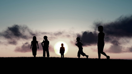 Children at sunset 3D Rendering