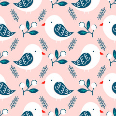 Fototapeta premium Robin bird seamless pattern design, vector illustration. Hand drawn style.