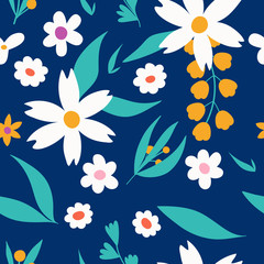 Spring flowers and leaves in soft colours, seamless pattern design. Ideal for cloth, apparel, texture.