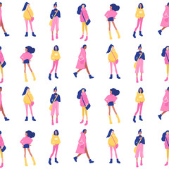 Fototapeta na wymiar Vector seamless pattern with young women in modern style. Young People background.