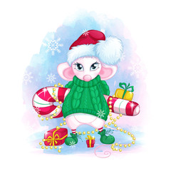 A cute white mouse in a Santa Claus hat and a green knitted sweater holds a striped candy, gifts and Christmas tree decoration. Vector cartoon character and watercolor texture background.