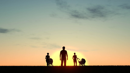 Family silhouette at Sunset 3D Rendering