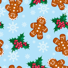 Seamless vector Christmas pattern with ginger man and holly berries on a blue background with snowflakes. Festive winter background.