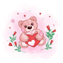 Cute teddy bear with a card in the form of a heart and flower buds on a delicate watercolor background. Cartoon vector postcard for Valentine's Day.
